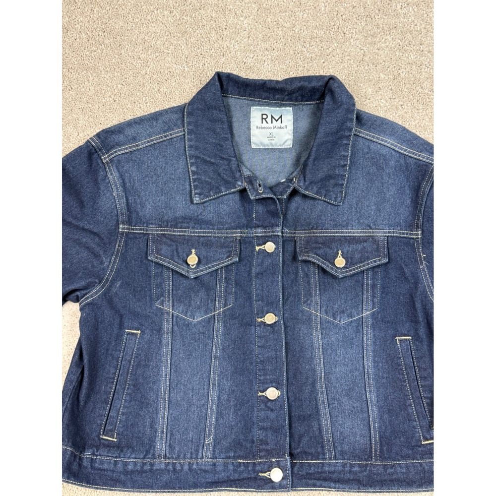 Rebecca Minkoff Womens Denim Jacket XL Dark Wash Rhinestone Cuffs RMD5002 NEW - Picture 2 of 12
